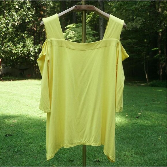 Regalia Lemon Yellow Cold Shoulder Stretch Top - Picture 2 of 4